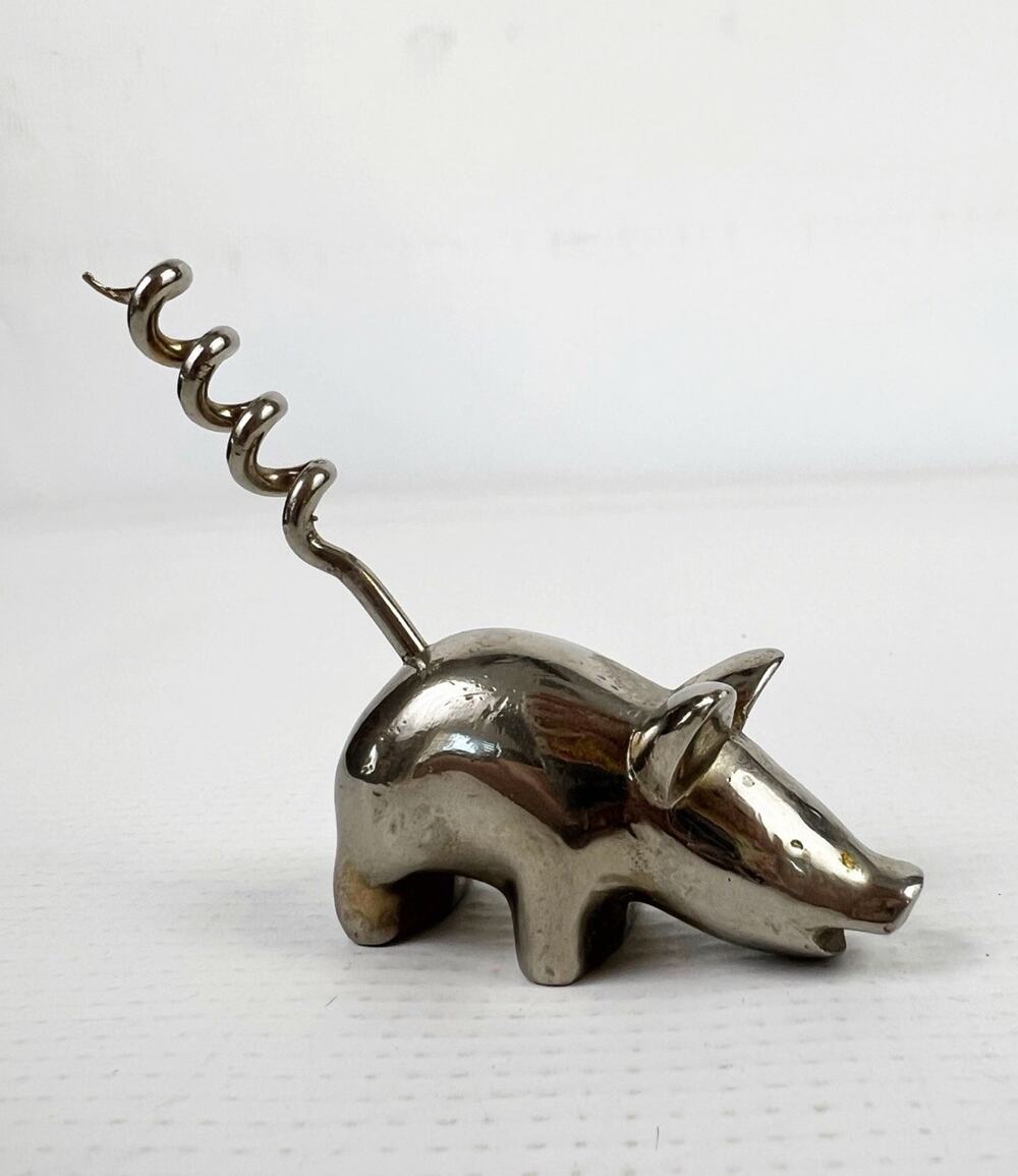 Vintage Metal Silver Pig Corkscrew Curly Tail Wine Bottle Opener